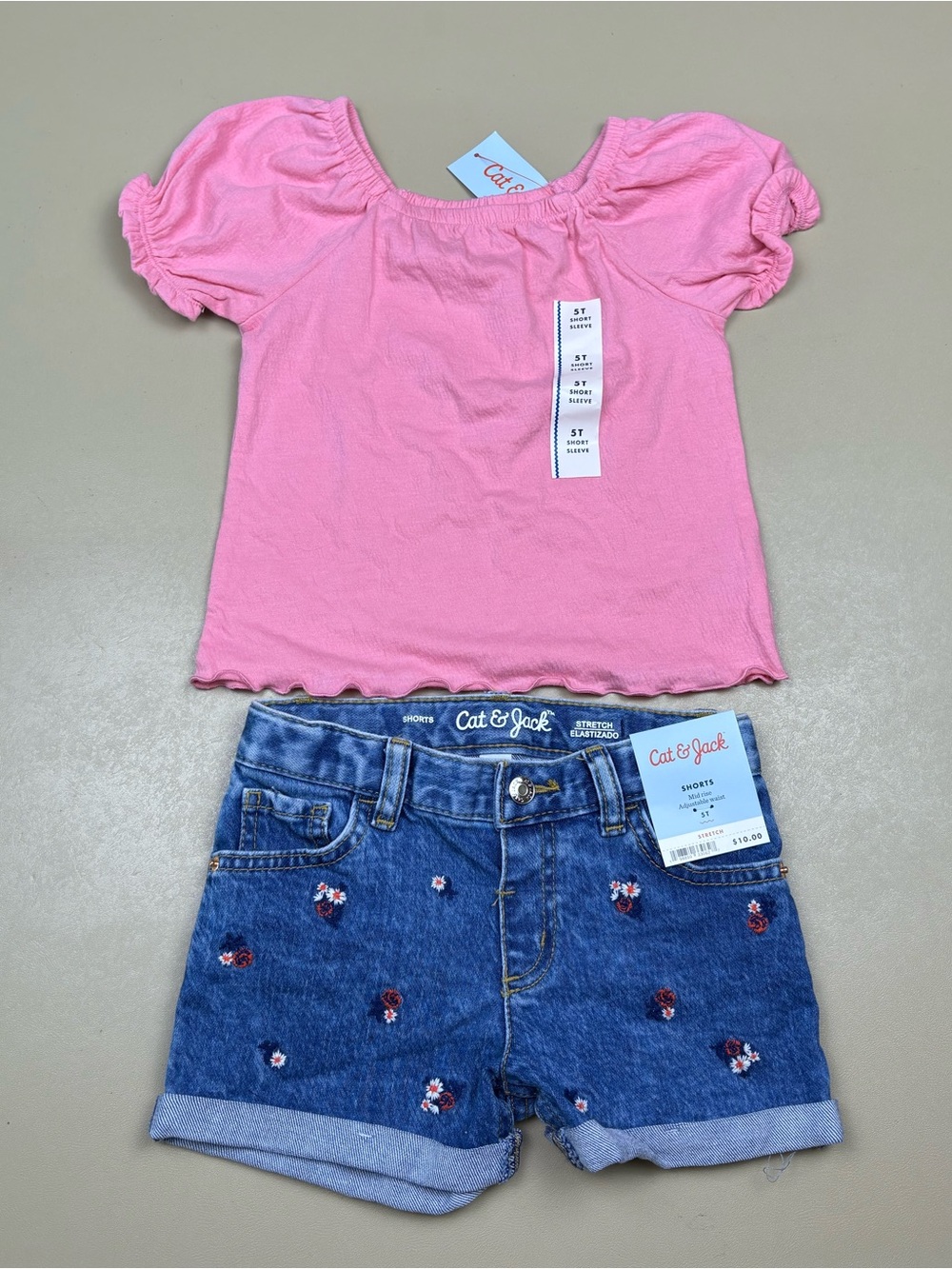 Cat & Jack Girls 2 Piece Outfit Pink Puff Sleeve Top Denim Shorts 5T NWT